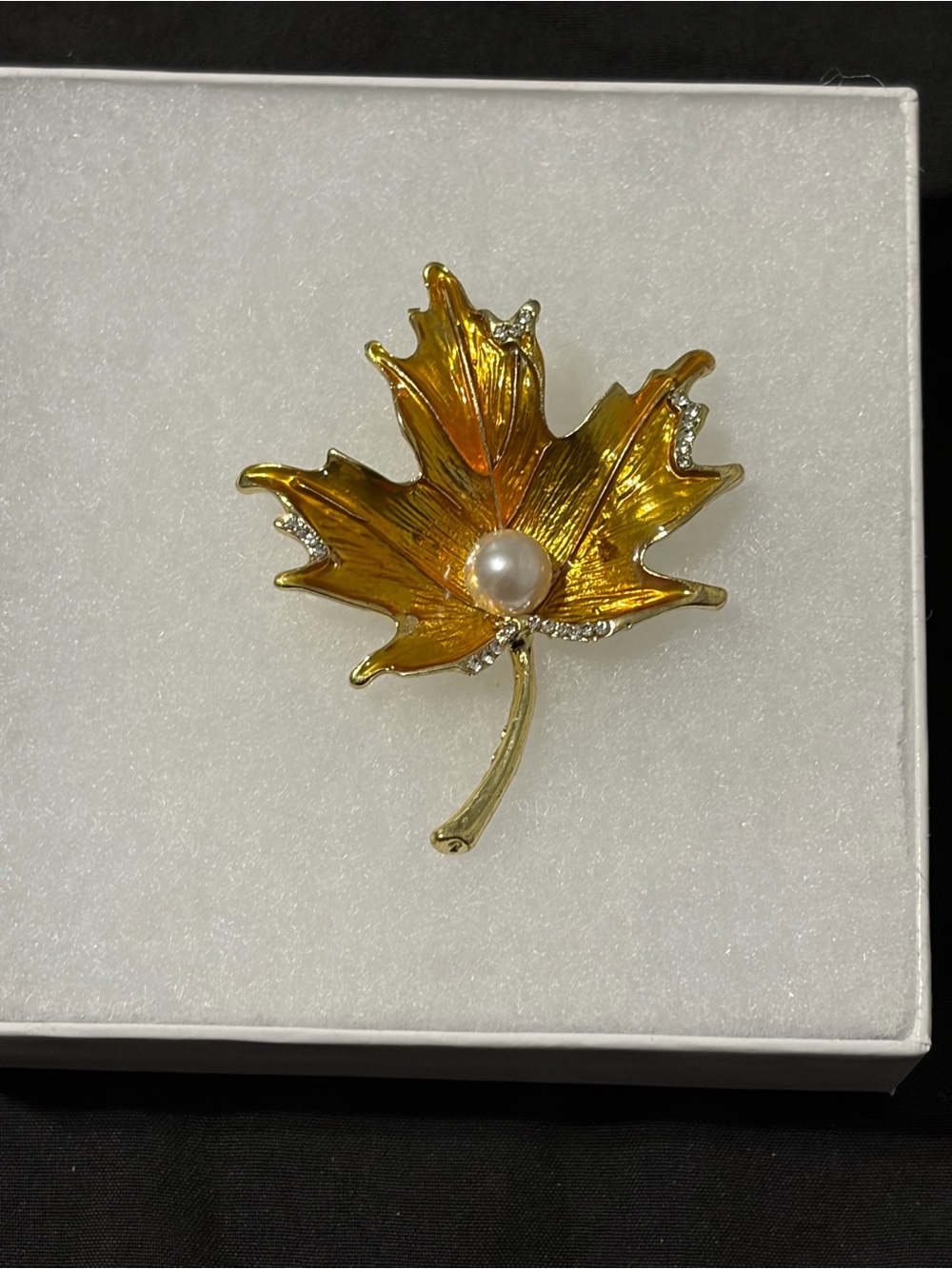 Golden Maple Leaf Brooch with Pearl Accent - Picture 3 of 6